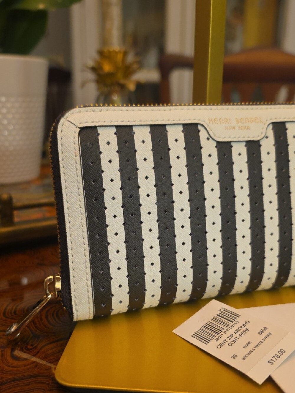henri bendel Black and White Striped Zip Wallet NWT